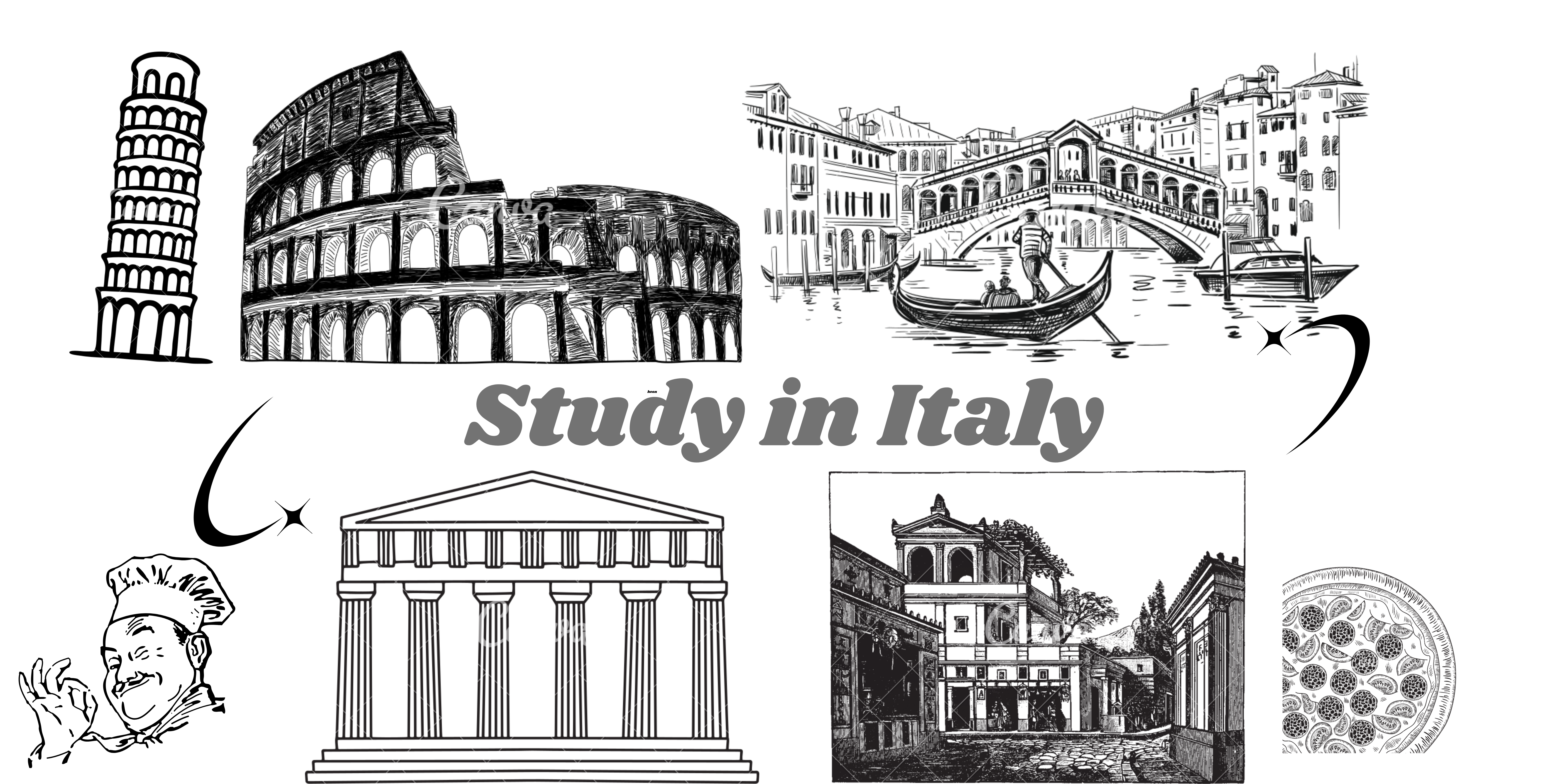 A figure containing Various monuments in Italy with "Study in Italy" written in center of the banner.