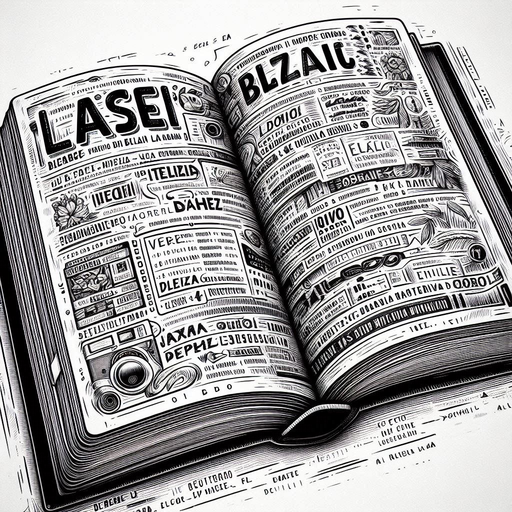 an open book with basic Italian language text, sketch and black and white style